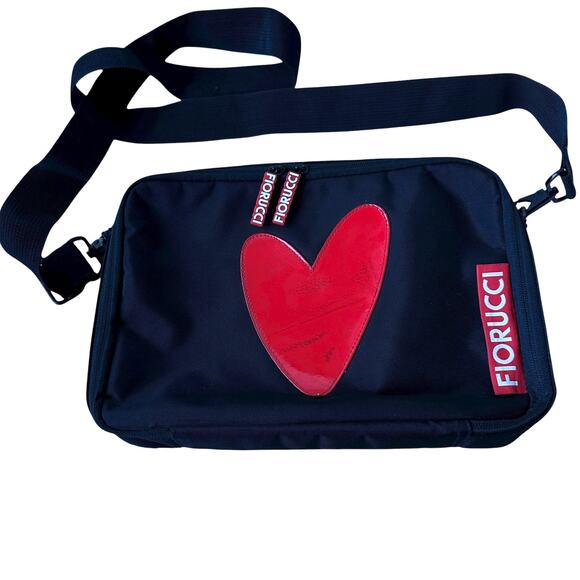 Vintage Fiorucci Crossbody Bag Black Canvas Red Heart Messenger 11"x7.5"x2" - Picture 1 of 11